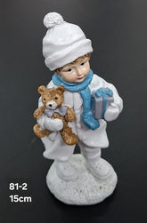 Figurină băiețel cu ursuleț și cadou, decor ceramic Crăciun - 15cm